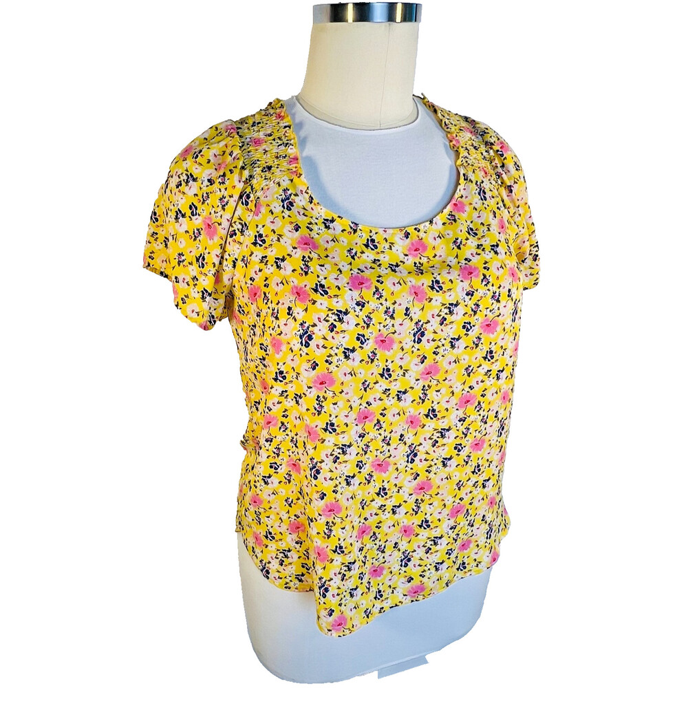 Pleione - Women's XL Peasant Top Semi Sheer Yellow Ditzy Floral Gathered Neck